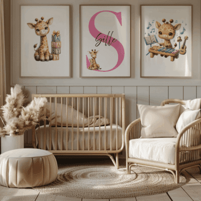 Plakat m/Giraf med klodser, bogstav, giraf med musik