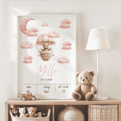 Fødselsplakat teddy lyserød el. blå