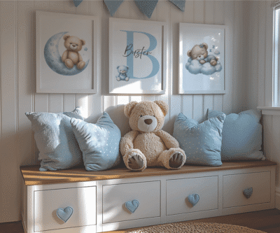 Børneplakat m/Teddy måne, bogstav, teddy sovende