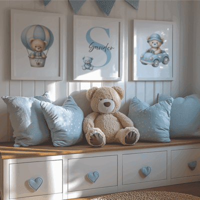 Plakat m/Teddy bil, bogstav, Teddy luftballon