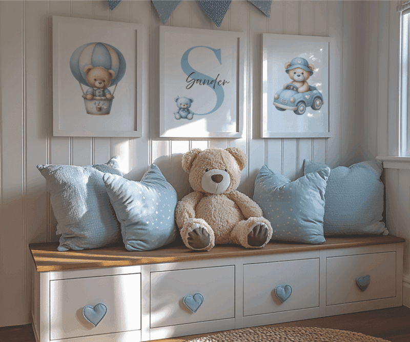 Plakat m/Teddy bil, bogstav, Teddy luftballon