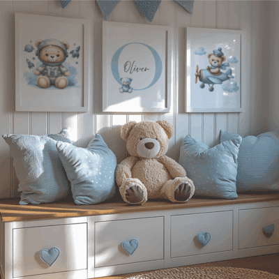 Plakat m/Teddy flyvende, bogstav, teddy Astronaut