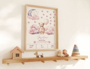 Fødselsplakat pink teddy