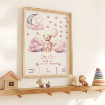 Fødselsplakat med pink teddy