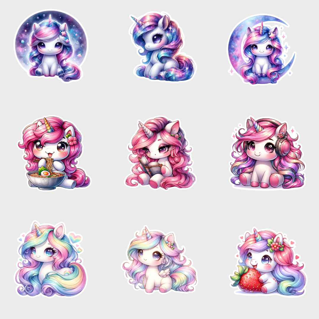 Bland-selv klistermærker med enhjørninger (Med hvid kant)